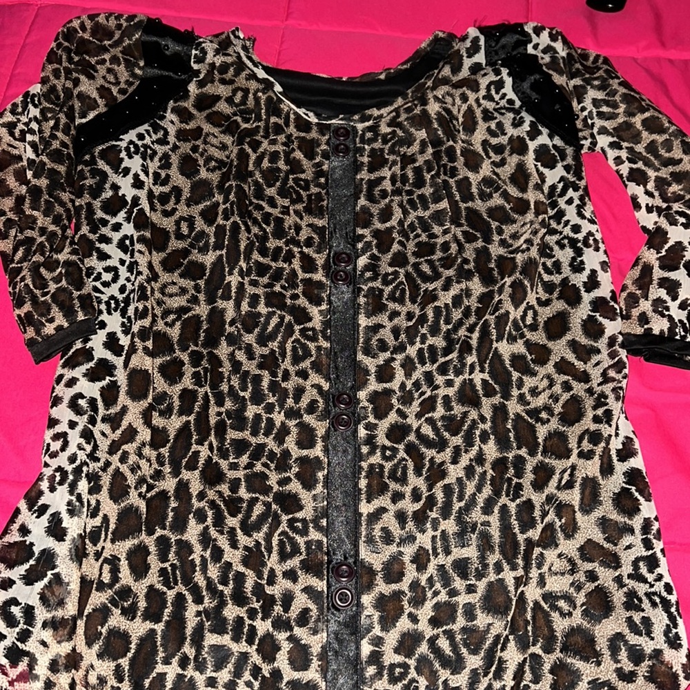 Leopard animal pearl cutout blouse slinky long sleeve top flowy